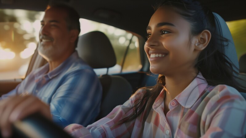 Driving instructor. A happy father teaches his high school daughter to drive a car. A man and a girl are driving in a car at dawn. Traveling by car